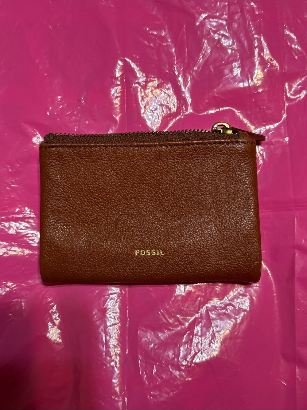 Fossil Brown Pebbled Leather Zip Wallet with Gold Logo